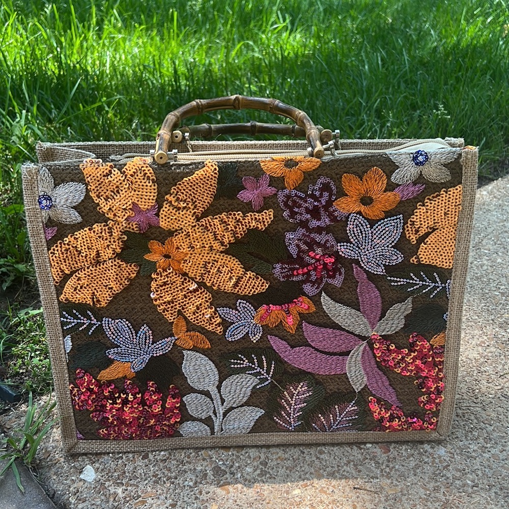 New Sequin Floral Tropical Zipper Purse Medium Handbag - Picture 3 of 9